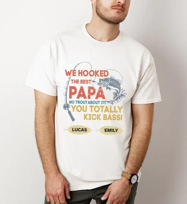 Personalized-We-Hooked-The-Best-Papa-Shirt-1.webp Personalized We Hooked The Best Papa T-Shirt, Papa Kids Name Shirt, Fishing Papa Shirt, Gift for Dad, Custom Name Shirt, Best Dad Ever