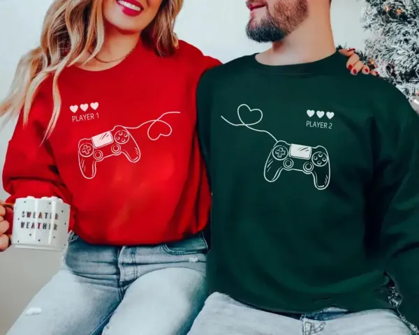 Player-1-Player-2-Matching-Sweatshirt-1.webp Player 1 & Player 2 Matching Sweatshirt, Love Couple Shirt, Matching Couple Sweatshirt, Personalized Anniversary Shirt