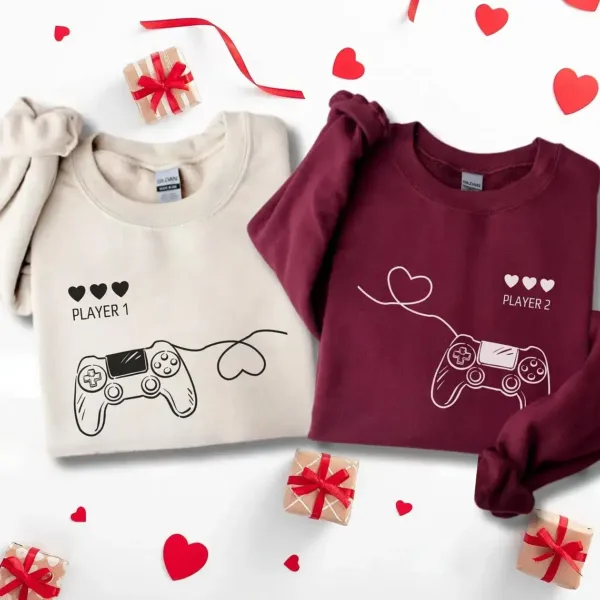 Player-1-Player-2-Matching-Sweatshirt-2.webp Player 1 & Player 2 Matching Sweatshirt, Love Couple Shirt, Matching Couple Sweatshirt, Personalized Anniversary Shirt