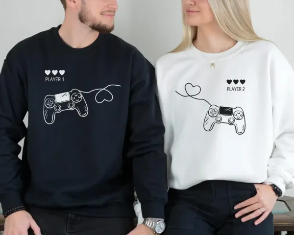 Player-1-Player-2-Matching-Sweatshirt-3.webp Player 1 & Player 2 Matching Sweatshirt, Love Couple Shirt, Matching Couple Sweatshirt, Personalized Anniversary Shirt