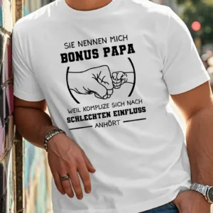 Plus-Size-Mens-T-Shirt-2.webp Men's T-Shirt with 'Bonus Papa' Graphic - Beige with Humorous Fist Bump Design,