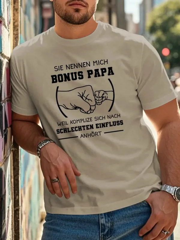 Plus-Size-Mens-T-Shirt-3.webp Men's T-Shirt with 'Bonus Papa' Graphic - Beige with Humorous Fist Bump Design,