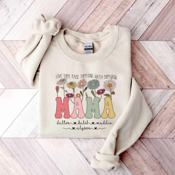 Retro Mama Mother's Day Sweatshirt, Custom Mama Shirt With Kids Names, Wildflowers Mama Shirt