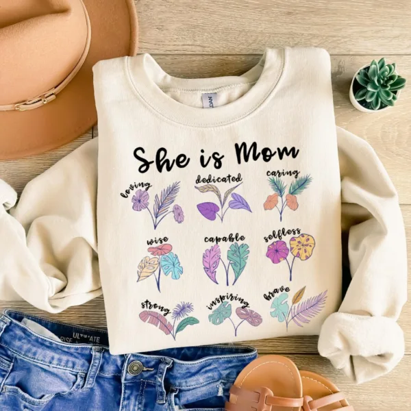 She-is-Momm-1.jpg She is Mom, Cute Mama, Vintage, Mom with Wild Flowers Sweatshirt, Retro Mother, Mother's Day Gift