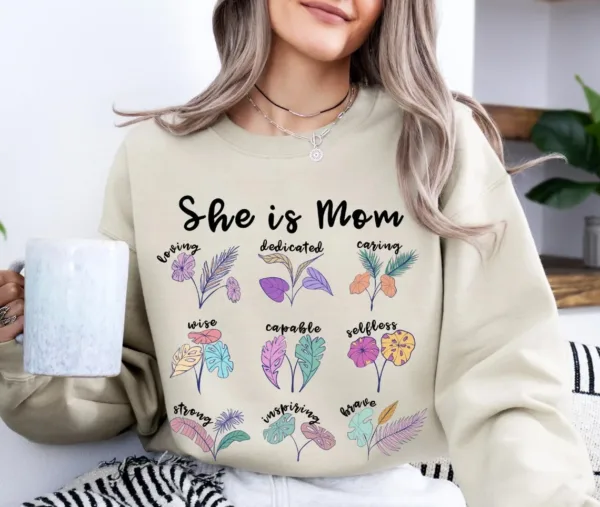 She-is-Momm-2.jpg She is Mom, Cute Mama, Vintage, Mom with Wild Flowers Sweatshirt, Retro Mother, Mother's Day Gift