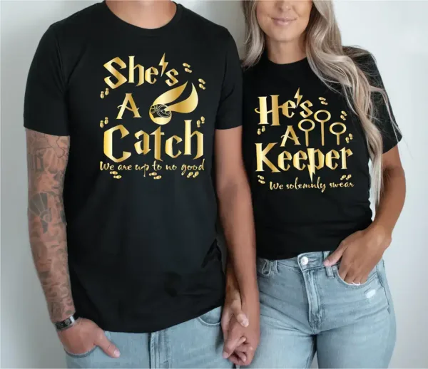 Shes-A-Catch-Hes-A-Keeper-1.webp Couples Matching T-Shirt With She's A Catch and He's A Kepper Print Design, The Best Family Matching Gift