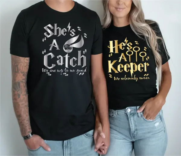 Shes-A-Catch-Hes-A-Keeper-2.webp Couples Matching T-Shirt With She's A Catch and He's A Kepper Print Design, The Best Family Matching Gift