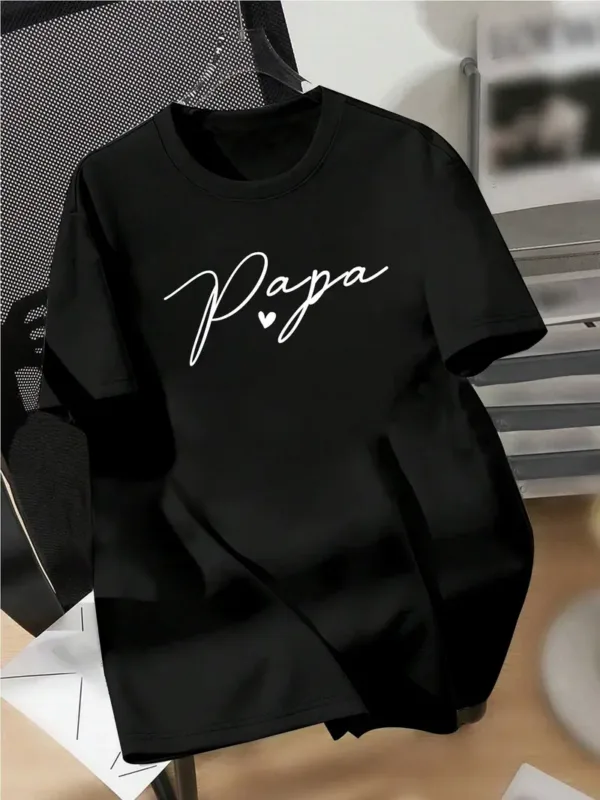 Summer Casual Papa Print T-Shirt for Men, Crew Neck, Short Sleeve, Geometric Pattern, Regular Fit, for Sports & Outdoor Activities