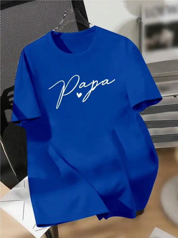 Summer Casual Papa Print T-Shirt for Men, Crew Neck, Short Sleeve, Geometric Pattern, Regular Fit, for Sports & Outdoor Activities