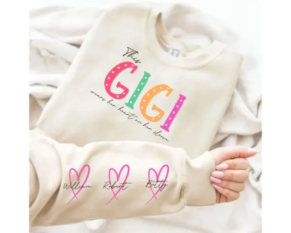 This Mama/Grandma/Nana Wears Her Heart On Her Sleeve, Custom Mama with Name Kids Sweatshirt-  The Best Mothers Day Gift