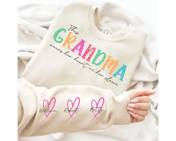 This Mama/Grandma/Nana Wears Her Heart On Her Sleeve, Custom Mama with Name Kids Sweatshirt-  The Best Mothers Day Gift
