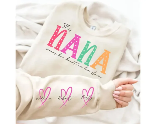 This Mama/Grandma/Nana Wears Her Heart On Her Sleeve, Custom Mama with Name Kids Sweatshirt-  The Best Mothers Day Gift