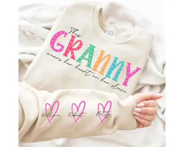 This Mama/Grandma/Nana Wears Her Heart On Her Sleeve, Custom Mama with Name Kids Sweatshirt-  The Best Mothers Day Gift