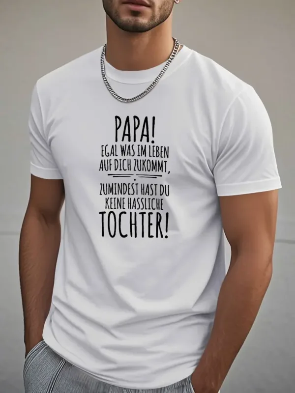 German Dad Daughter T-Shirt - Black Geometric Graphic Print with Superhero Dad French Quote, Casual Short Sleeve Round Neck Summer Tee