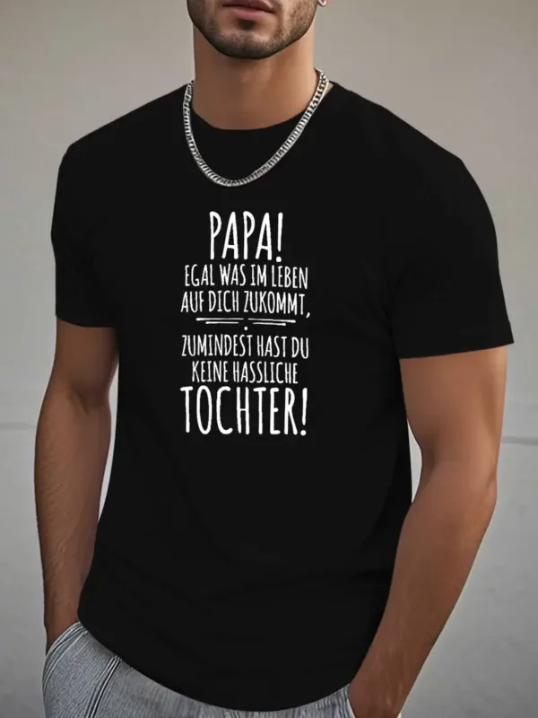 German Dad Daughter T-Shirt - Black Geometric Graphic Print with Superhero Dad French Quote, Casual Short Sleeve Round Neck Summer Tee
