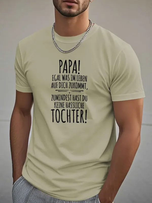 German Dad Daughter T-Shirt - Black Geometric Graphic Print with Superhero Dad French Quote, Casual Short Sleeve Round Neck Summer Tee