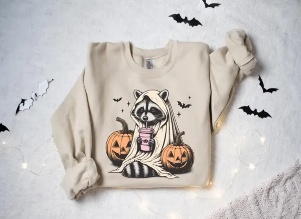 il_1140xN.6308623804_ahw9 Halloween Raccoon Sweatshirt, Halloween Spooky Season Crewneck, Raccoon Lover Shirt