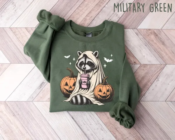 il_1140xN.6356689241_69oy Halloween Raccoon Sweatshirt, Halloween Spooky Season Crewneck, Raccoon Lover Shirt