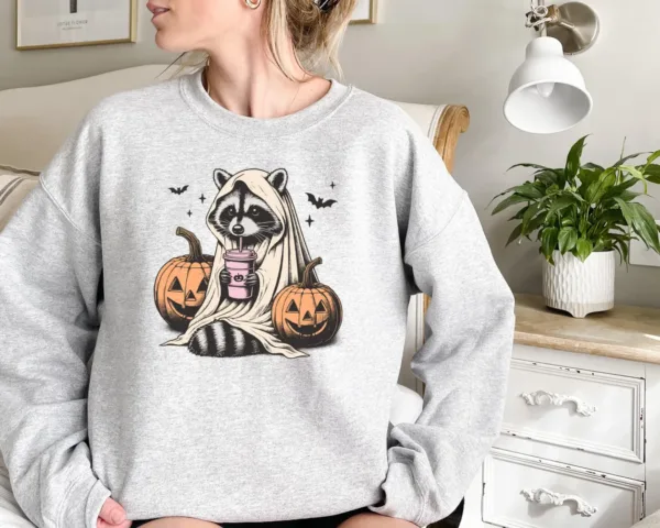 il_1140xN.6356689281_jn9u Halloween Raccoon Sweatshirt, Halloween Spooky Season Crewneck, Raccoon Lover Shirt