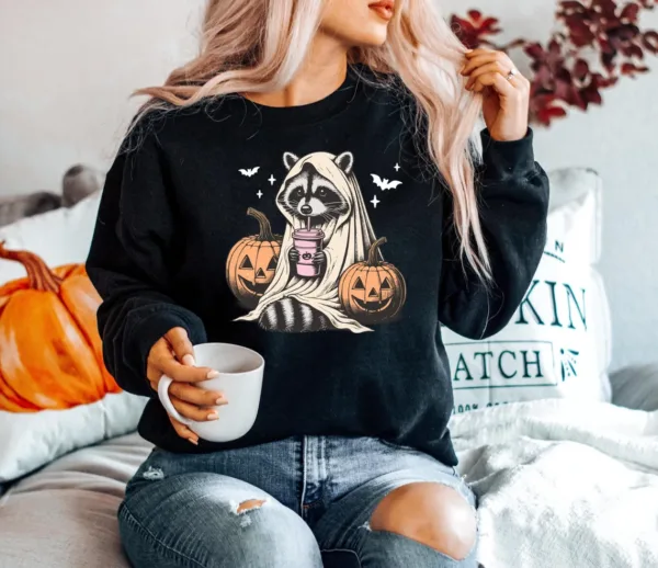 il_1140xN.6356690735_auvn Halloween Raccoon Sweatshirt, Halloween Spooky Season Crewneck, Raccoon Lover Shirt