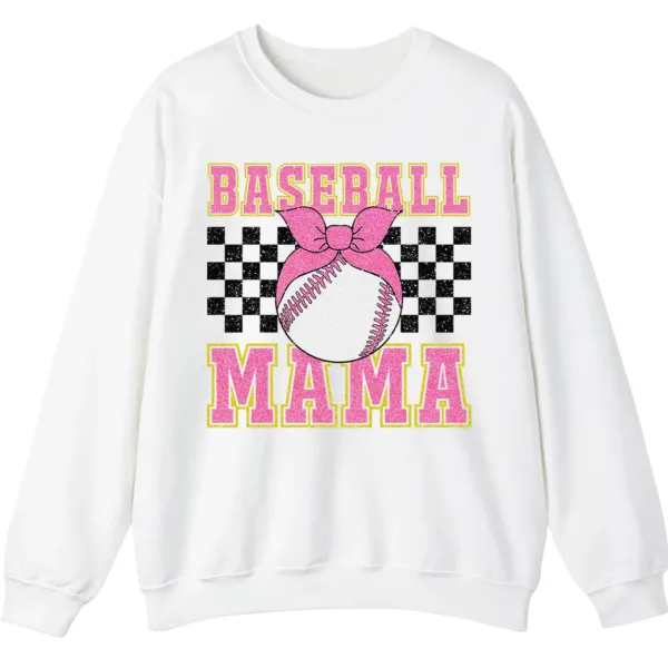 Pink Glitter Baseball Mama Sweatshirt, Checkered Softball Mom Crewneck, Game Day Bow Pullover, Retro Sports Parent Gift
