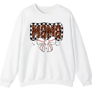 Leopard Mama Baseball Bow Sweatshirt, Checkered Cheetah Sports Mom Crewneck, Game Day Mom Gift Pullover