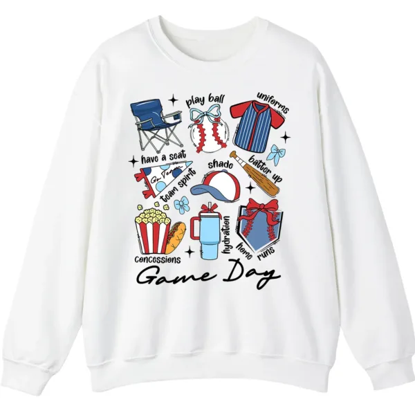 Game Day Essentials Baseball Collage Sweatshirt, Team Spirit Sports Uniform Crewneck, Popcorn Hot Dog Hydration Pullover