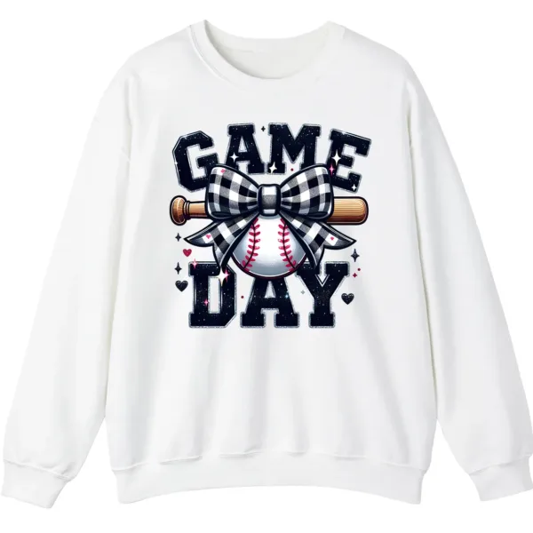 Game Day Plaid Bow Baseball Sweatshirt, Black White Checkered Ribbon Crewneck, Sports Lover Vintage Pullover