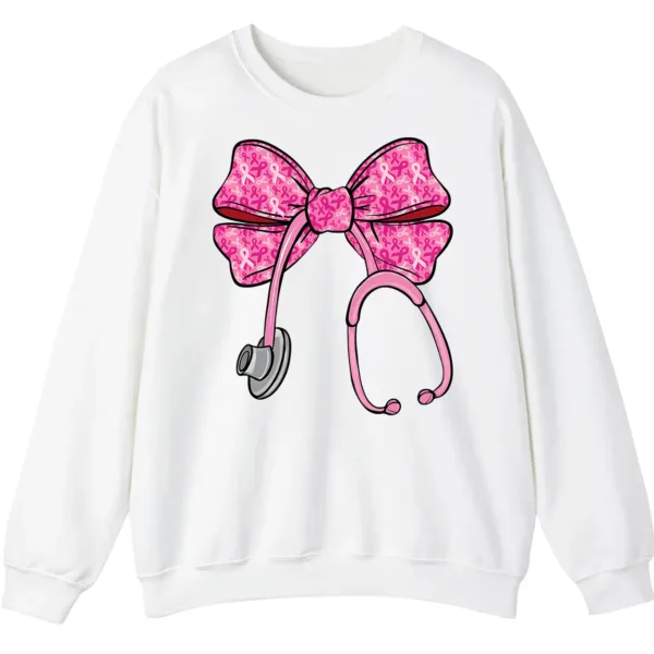 Pink Ribbon Nurse Stethoscope Bow Breast Cancer Crewneck Sweatshirt