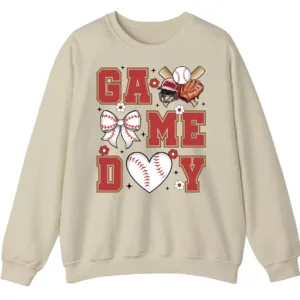 5.1 Baseball/Softball Mom Game Day Crewneck Sweatshirt - Cute Bow and Heart Graphic