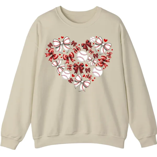 Baseball Heart Sweatshirt, Sports Lover Gift, Cute Game Day Bows Crewneck, Women's Softball Mom Pullover