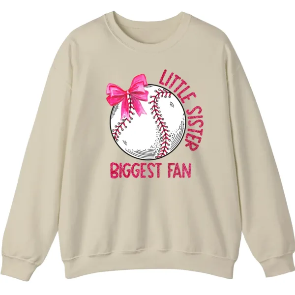 5.1 Little Sister Biggest Fan Baseball Softball Sweatshirt, Pink Bow Game Day Crewneck, Sibling Sports Support Gift Pullover