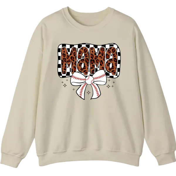Leopard Mama Baseball Bow Sweatshirt, Checkered Cheetah Sports Mom Crewneck, Game Day Mom Gift Pullover