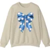 Blue Polka Dot Baseball Bow Sweatshirt, Cute Game Day Softball Ribbon Crewneck, Women's Sports Fan Pullover