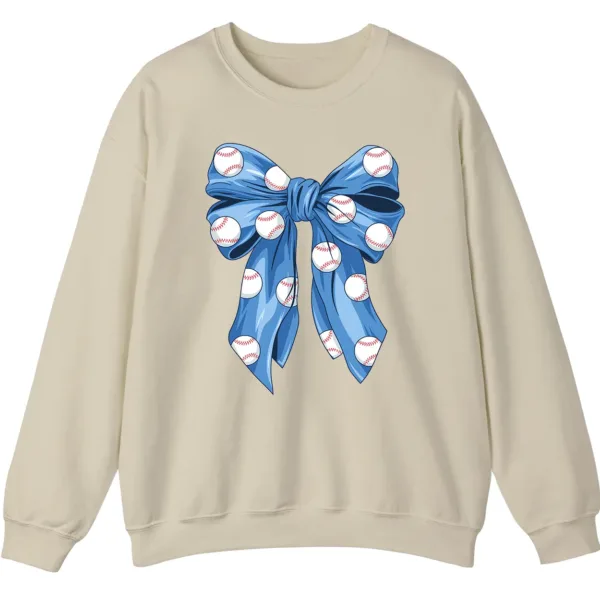 Blue Polka Dot Baseball Bow Sweatshirt, Cute Game Day Softball Ribbon Crewneck, Women's Sports Fan Pullover