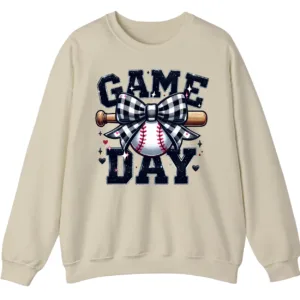 Game Day Plaid Bow Baseball Sweatshirt, Black White Checkered Ribbon Crewneck, Sports Lover Vintage Pullover
