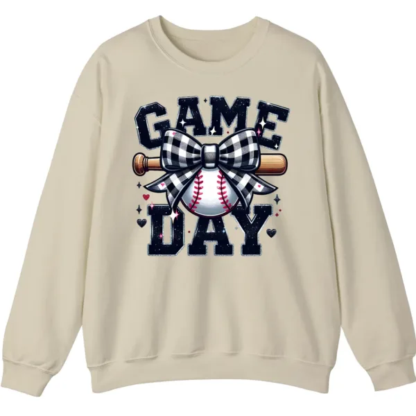 Game Day Plaid Bow Baseball Sweatshirt, Black White Checkered Ribbon Crewneck, Sports Lover Vintage Pullover