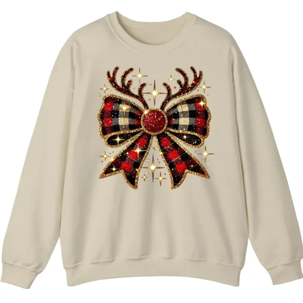Glitter Plaid Bow Reindeer Antlers Sweatshirt, Sparkling Christmas Gift for Her