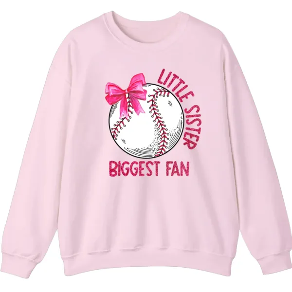 5.2 Little Sister Biggest Fan Baseball Softball Sweatshirt, Pink Bow Game Day Crewneck, Sibling Sports Support Gift Pullover