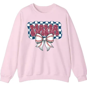 Leopard Print Mama Baseball Bow Sweatshirt, Checkered Game Day Crewneck, Pink Cheetah Softball Mom Pullover