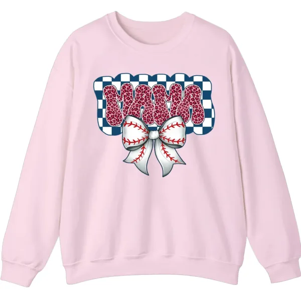 Leopard Print Mama Baseball Bow Sweatshirt, Checkered Game Day Crewneck, Pink Cheetah Softball Mom Pullover