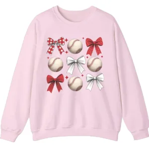 Baseball Bows Red White Grid Sweatshirt, Plaid Ribbon and Balls Crewneck, Cute Sports Mom Game Day Pullover, Softball Lover Gift