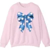 Blue Polka Dot Baseball Bow Sweatshirt, Cute Game Day Softball Ribbon Crewneck, Women's Sports Fan Pullover