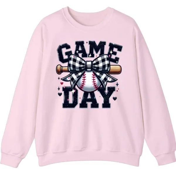 Game Day Plaid Bow Baseball Sweatshirt, Black White Checkered Ribbon Crewneck, Sports Lover Vintage Pullover