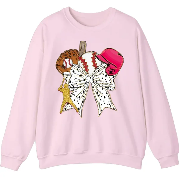 Feminine Glitter Baseball Bow Crewneck Sweatshirt Pink