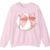 Cute Pink Baseball Bow Crewneck Sweatshirt for Girls