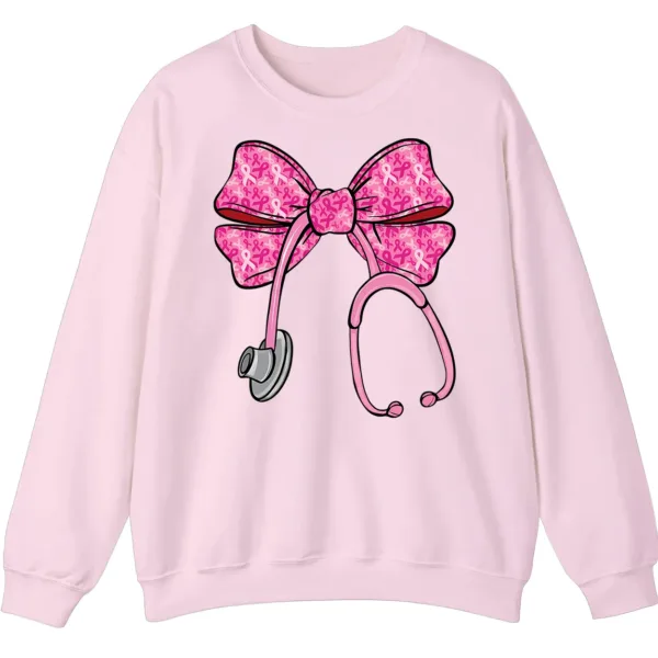 Pink Ribbon Nurse Stethoscope Bow Breast Cancer Crewneck Sweatshirt