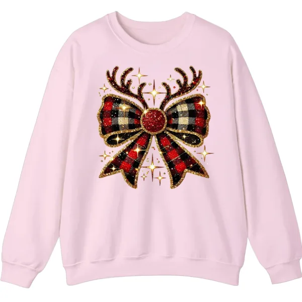 Glitter Plaid Bow Reindeer Antlers Sweatshirt, Sparkling Christmas Gift for Her