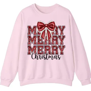 Merry Merry Merry Christmas Bow Sweatshirt – Cute Holiday Crewneck for Women