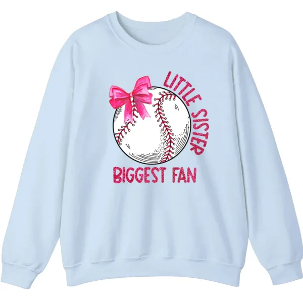 5.3 Little Sister Biggest Fan Baseball Softball Sweatshirt, Pink Bow Game Day Crewneck, Sibling Sports Support Gift Pullover